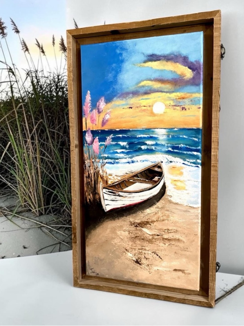 Hand-Painted Coastal Boat Canvas Wall Art - Blue, White, Tan